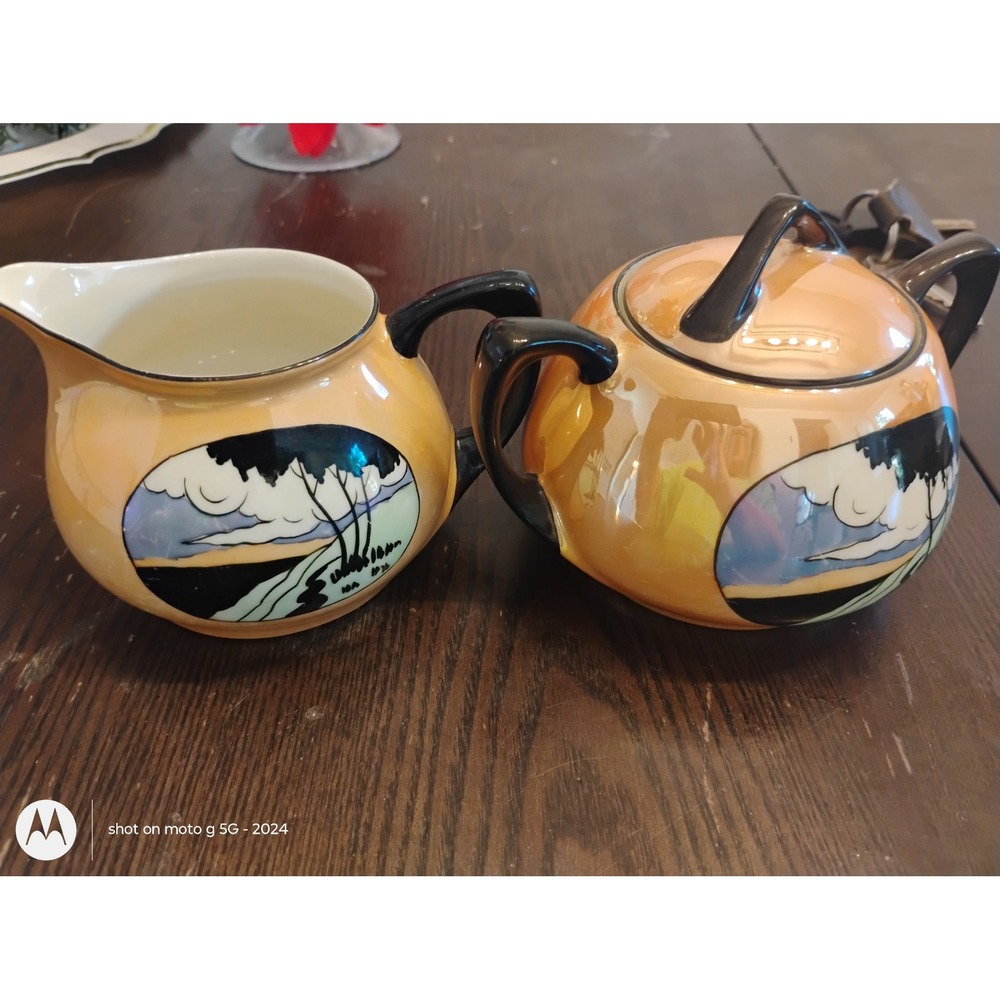 Vintage Japanese Lusterware Creamer and Sugar Bowl Set Art Deco Orange Landscape